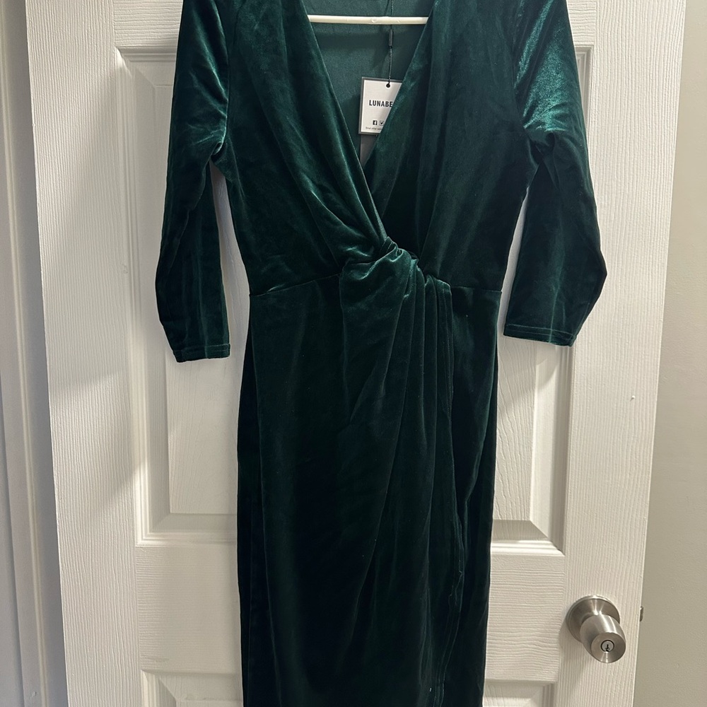 Abella Deep Green Velvet Wrap Midi Dress